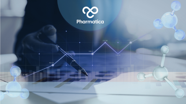 The headline image for the article on pharma R&D tech investment committee funding is made up of a financial data graphic showing a hand pointing a pen at analytical charts and a rising line graph with labeled data points. The Pharmatica logo is centered at the top within a blue circular gradient, and the image is framed by floating 3D molecular structures in the corners.