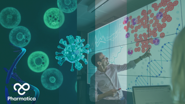 A collage featuring a scientist pointing at a large digital screen of medical data, overlaid with green-tinted microscopic cells, a virus particle, and the Pharmatica logo.