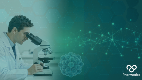 A graphic banner for "Pharmatica" displaying a dual-themed medical and technology concept. Left: A close-up profile photo of a male researcher in a white lab coat looking into a microscope. Center & Right: A dark teal overlay featuring an illuminated, green interconnected digital network grid and a faint cellular or molecular cluster illustration at the bottom center. The white "Pharmatica" infinity-loop logo and company name is on the bottom right.