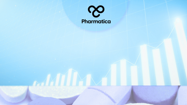 A blue graphic featuring an upward-trending bar chart and line graph, representing digital health funding Q1 2026, set against a background of close-up medicine pills.
