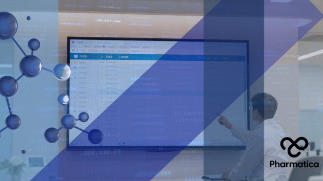 A digital graphic banner for "Pharmatica" with a corporate and scientific theme. In the background, a person wearing a white lab coat points toward a large digital smartboard displaying complex data spreadsheets, numbers, and binary code. The entire image is layered with geometric blue overlays, faint columns of alphanumeric characters, and a prominent 3D rendering of a blue molecular structure on the left side. In the bottom right corner is the white and black "Pharmatica" loop logo and name.