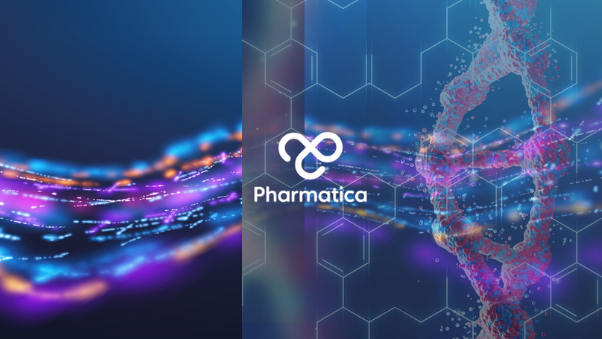 Abstract digital graphic representing Pharma Superintelligence, featuring a glowing 3D DNA double helix structure overlayed with hexagonal molecular grids, shimmering data waves in purple and orange, and the Pharmatica logo centered on a dark blue background.