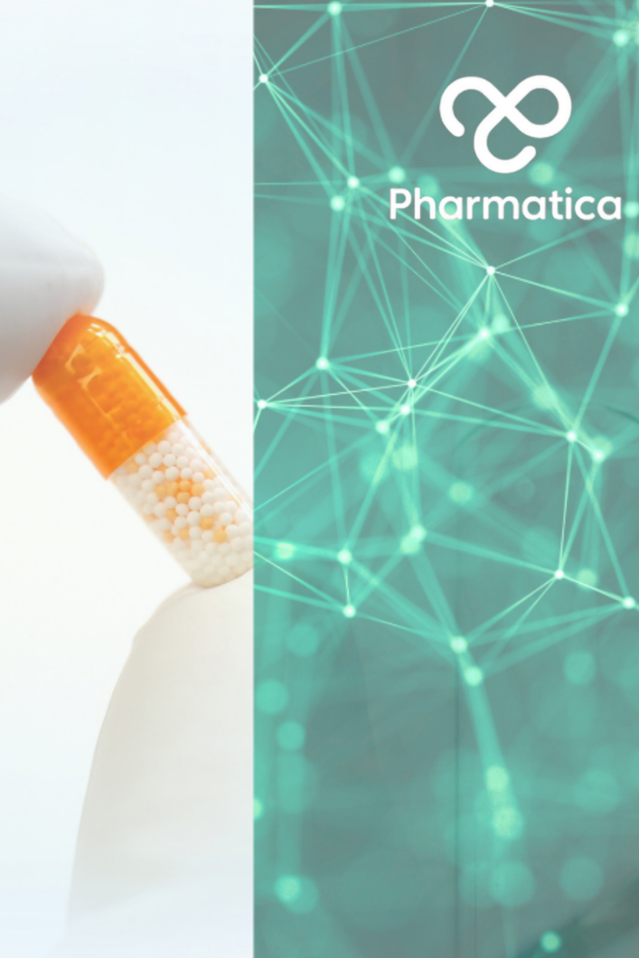 A split-screen digital graphic for "Drug Discovery and Pharmacoinformatics in 2026". On the left side, a gloved hand holds an orange and transparent capsule filled against a bright white background. The right side features a translucent teal overlay with a glowing, interconnected digital network superimposed over an image of a pipette dropping liquid. In the top right corner, the "Pharmatica" logo is visible, consisting of a white infinity-like loop emblem above the com