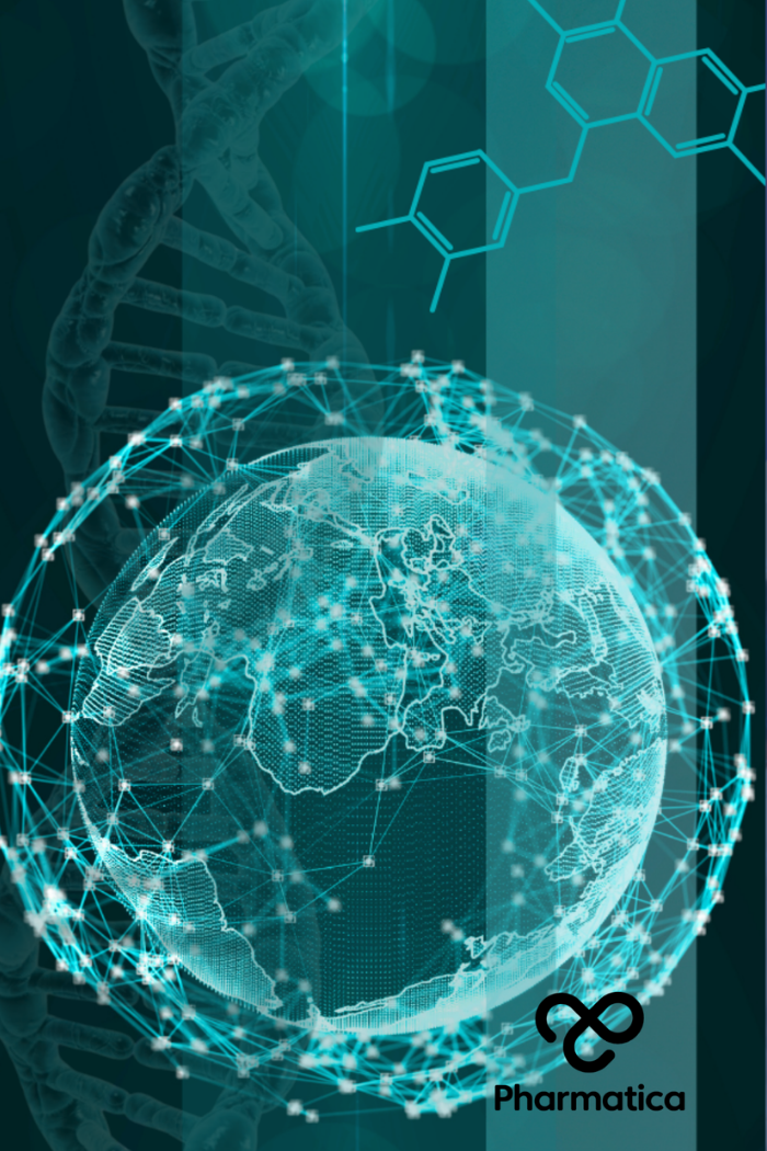 A digital globe surrounded by a glowing cyan network mesh, overlaid on a dark green background with DNA strands, molecular structures, and the Pharmatica logo.