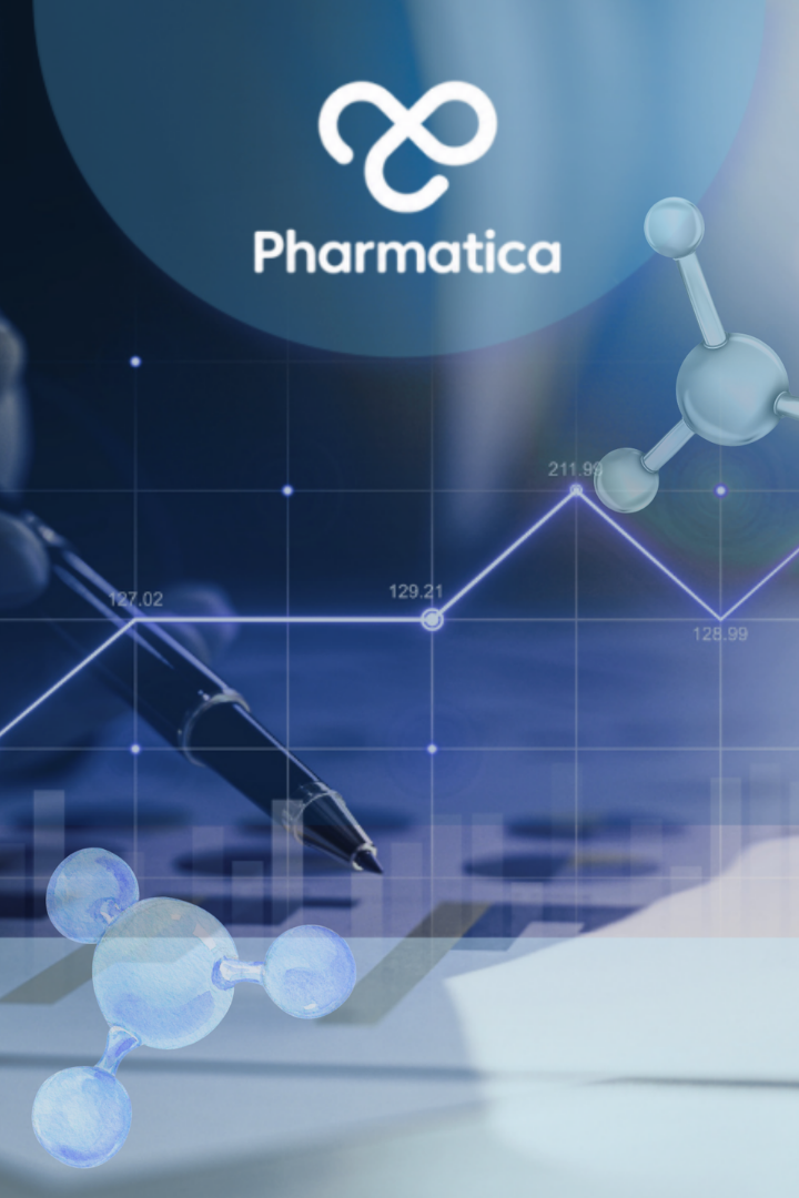 The headline image for the article on pharma R&D tech investment committee funding is made up of a financial data graphic showing a hand pointing a pen at analytical charts and a rising line graph with labeled data points. The Pharmatica logo is centered at the top within a blue circular gradient, and the image is framed by floating 3D molecular structures in the corners.