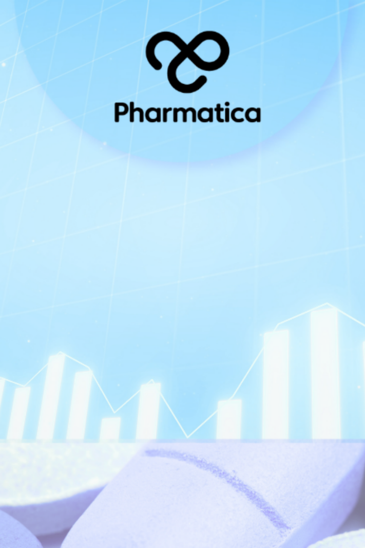 A blue graphic featuring an upward-trending bar chart and line graph, representing digital health funding Q1 2026, set against a background of close-up medicine pills.