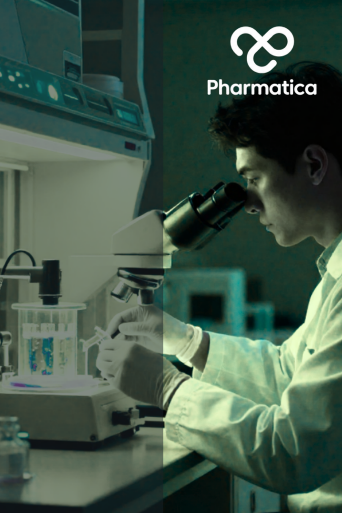 A scientist in a lab coat and gloves looking through a microscope at a workstation, with the Pharmatica logo in the bottom left corner.