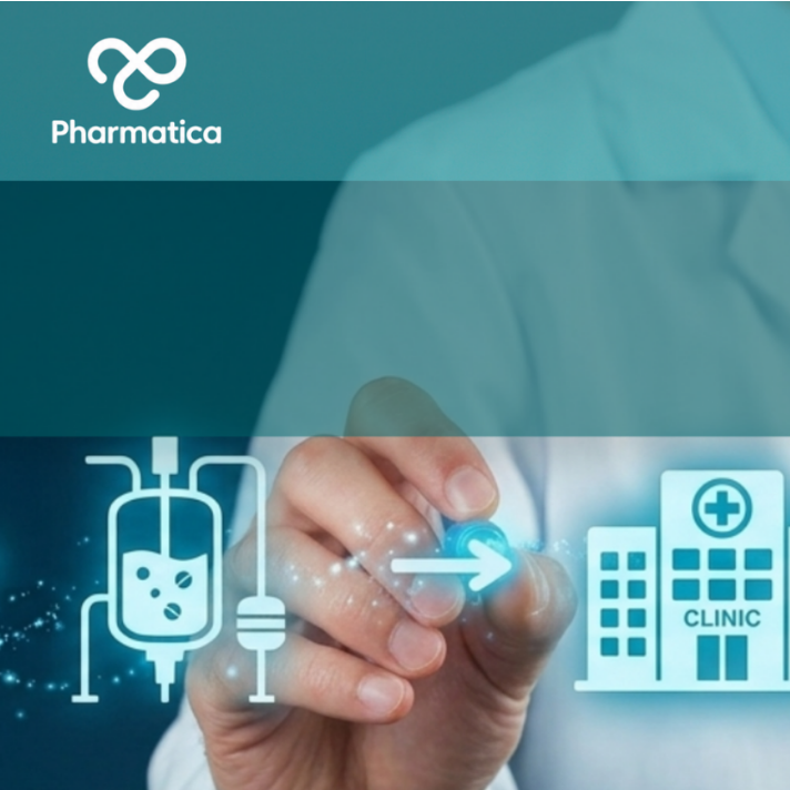 A scientist in a white lab coat and blue tie holds a digital stylus, interacting with a glowing teal infographic flow. This depicts AI in pharmaceutical supply chains using three glowing icons connected by arrows: a molecular structure with a downward arrow, a chemical processing/bioreactor tank, and a hospital or clinic building labeled "CLINIC" with a medical cross. A dark blue band stretches across the upper portion of the image, featuring the white "Pharmatica" infinity-loop logo and bran