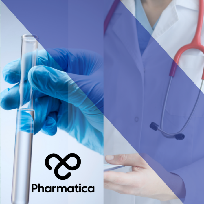 A split-screen graphic contrasting laboratory and clinical environments, demonstrating preclinical vs clinical research. The left side shows a gloved hand holding a test tube with liquid, while the right side shows a healthcare professional in a white lab coat with a red stethoscope holding a clipboard. Geometric blue overlays connect the two scenes, and the black Pharmatica logo is in the bottom right corner.