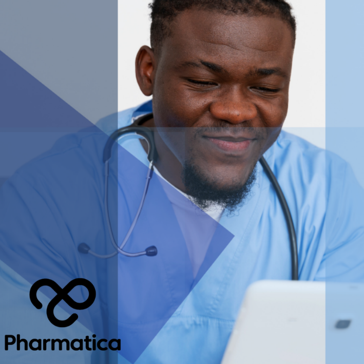 The headline image for the article on Decentralised Clinical Trials shows a smiling Black male healthcare professional wearing blue scrubs and a stethoscope around his neck, looking down at a tablet computer. The image is overlaid with semi-transparent, modern geometric shapes in shades of blue and purple. In the bottom right corner, the "Pharmatica" logo&mdash;a black infinity-style symbol resembling a stylized infinity sign or intertwined loops&mdash;is visible above the brand name.