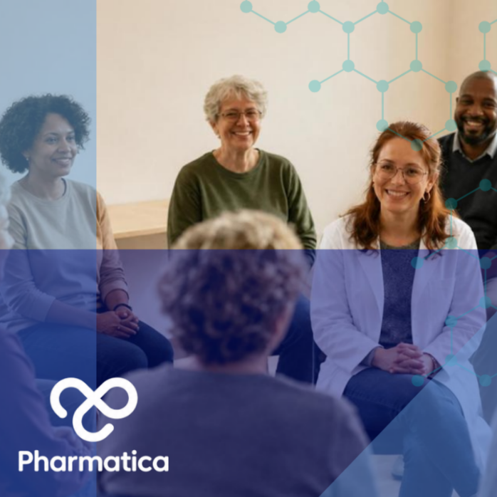 A graphic banner for "Pharmatica" on DCT and Patient Diversity displaying a healthcare clinical trial theme.  Left & Center: A realistic photo of an older Black woman sitting in a medical office, smiling and conversing with a female healthcare provider who is wearing a white lab coat and stethoscope.