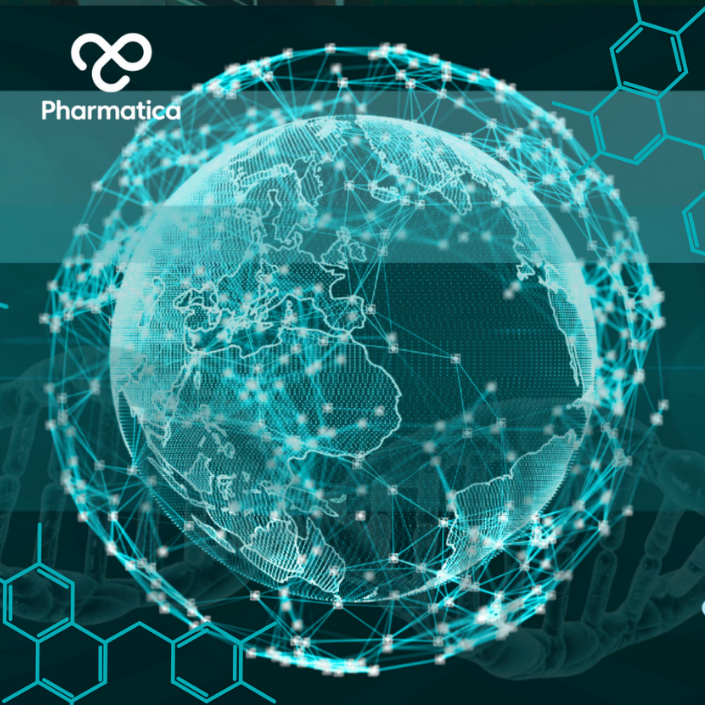A digital globe surrounded by a glowing cyan network mesh, overlaid on a dark green background with DNA strands, molecular structures, and the Pharmatica logo.