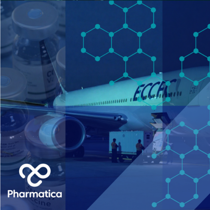 Precision Logistics in Pharma is displayed by a collage featuring COVID-19 vaccine vials and a cargo airplane being loaded at night, overlaid with blue tints, molecular structures, and the Pharmatica logo.