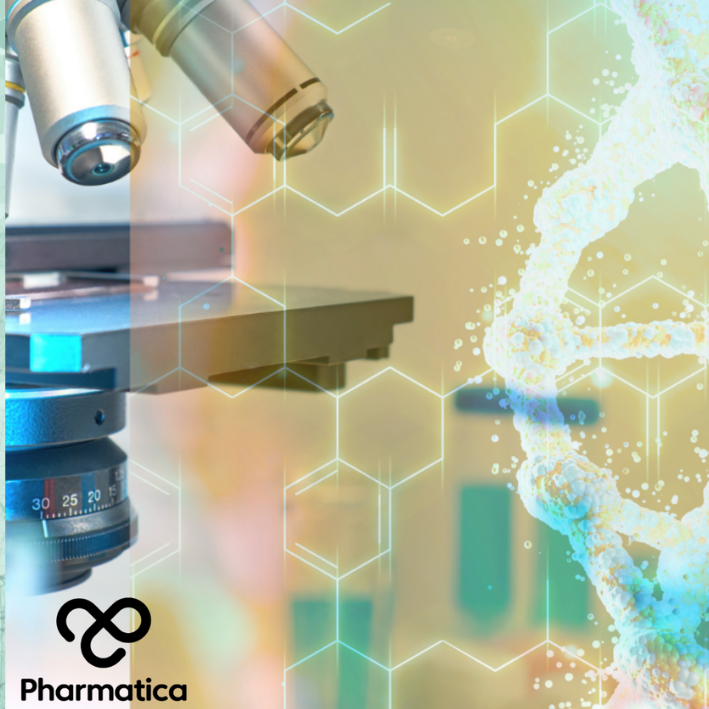 A horizontal, high-tech graphic split into two distinct visual halves, representing pharmaceutical research for the brand Pharmatica.  On the left side, a modern laboratory microscope is shown in sharp focus under cool blue and bright white lighting, with hints of red lens flare on the stage. A cluster of blurred glass test tubes sits in the foreground. In the top-left corner, the black logo for "Pharmatica" is visible, featuring an abstract infinity-shaped symbol resembling interlocking loops.  The right s