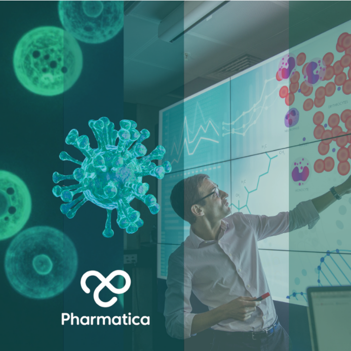 A collage featuring a scientist pointing at a large digital screen of medical data, overlaid with green-tinted microscopic cells, a virus particle, and the Pharmatica logo.