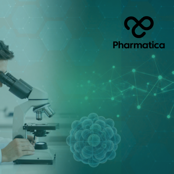 A graphic banner for "Pharmatica" displaying a dual-themed medical and technology concept. Left: A close-up profile photo of a male researcher in a white lab coat looking into a microscope. Center & Right: A dark teal overlay featuring an illuminated, green interconnected digital network grid and a faint cellular or molecular cluster illustration at the bottom center. The white "Pharmatica" infinity-loop logo and company name is on the bottom right.