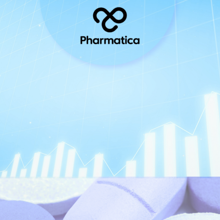 A blue graphic featuring an upward-trending bar chart and line graph, representing digital health funding Q1 2026, set against a background of close-up medicine pills.