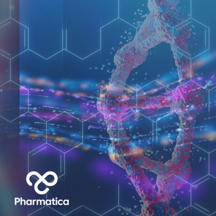 Abstract digital graphic representing Pharma Superintelligence, featuring a glowing 3D DNA double helix structure overlayed with hexagonal molecular grids, shimmering data waves in purple and orange, and the Pharmatica logo centered on a dark blue background.