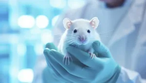 A close-up photograph of a small white laboratory mouse being gently held in both hands by a researcher wearing teal surgical gloves and a white lab coat, set against a bright, out-of-focus blue laboratory background. The image represents one part of preclinical research.