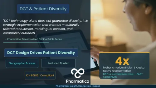 An infographic titled "DCT & Patient Diversity" by Pharmatica. It highlights that strategic implementation&mdash;like geographic access and reduced burden&mdash;drives diversity, noting a 4x higher American Indian / Alaska Native representation in DCTs versus conventional trials, according to PACT Consortium data.